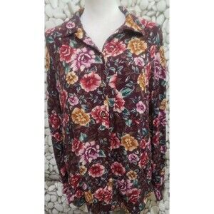 Liz wear Floral Rayon Long Sleeve Maroon Chest Pocket Button Blouse Size Medium